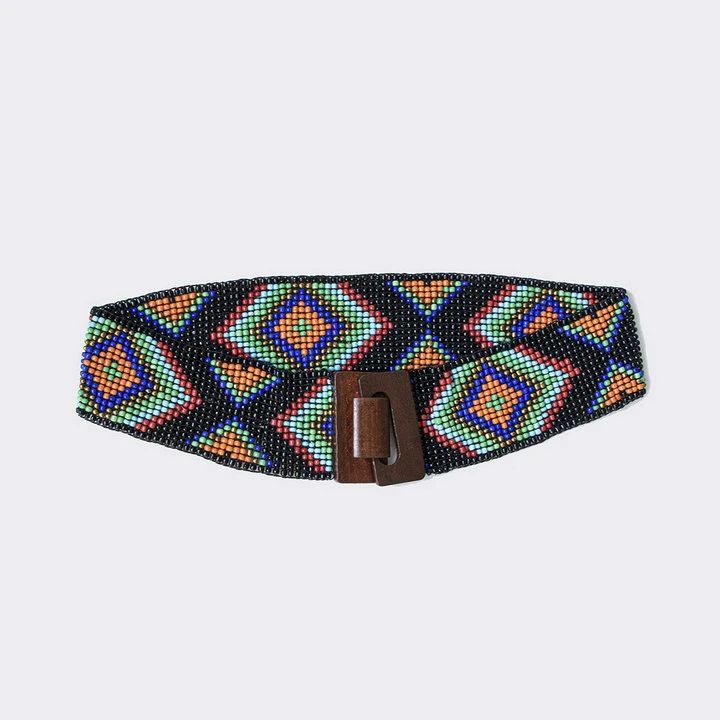 Women′s Handmade Beaded Bohemian Geometric Colorful Elastic Wood Buckle Ethnic Waistband Fashion Belt Custom Waistband