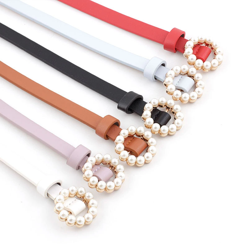 Fashion Accessories Korean Version Candy Color PU Ladies Belt with Pearl Buckle
