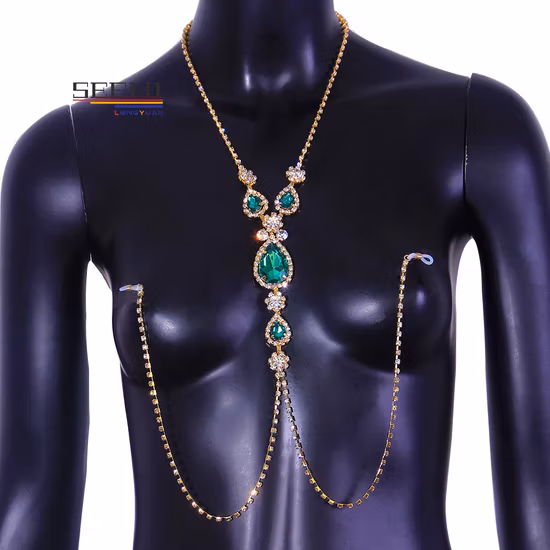 Moda sexy verde diamante pezones accesorio rhinestone cuerpo cadena
